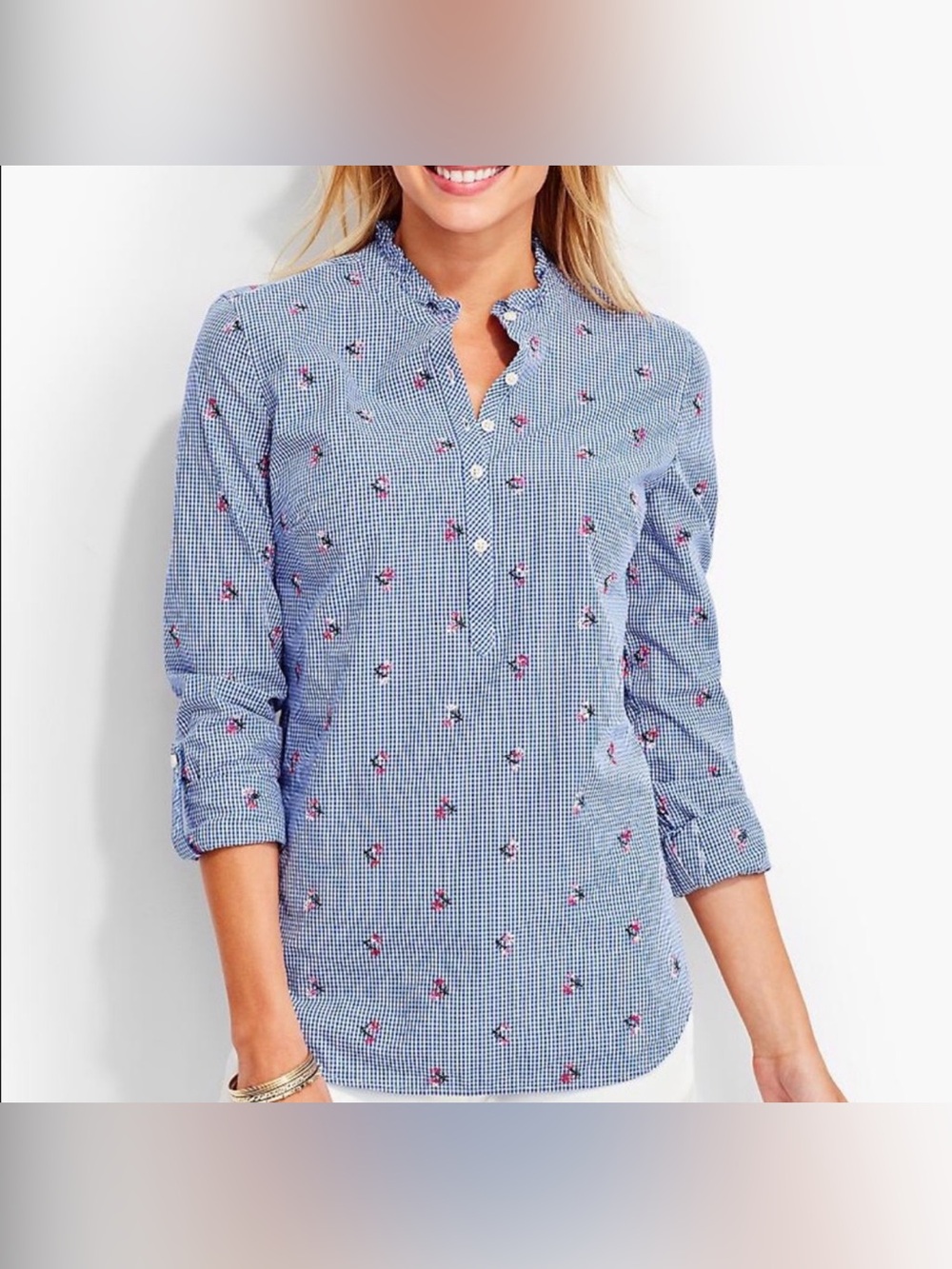 Talbots Gingham Embroidered Flowers Ruff Neck Large